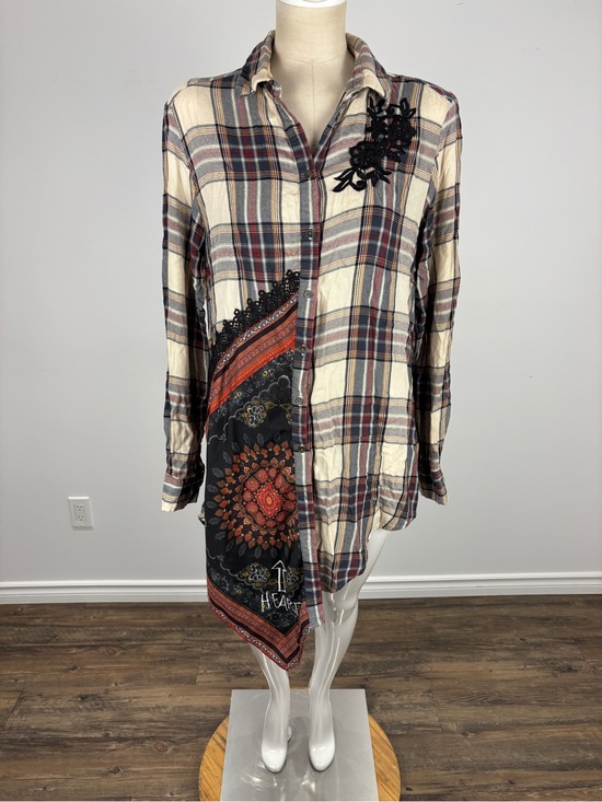 Desigual Tops - Desigual CAM Asymmetrical Plaid Mixed Media Scarf Hem Lace Button Down Blouse L